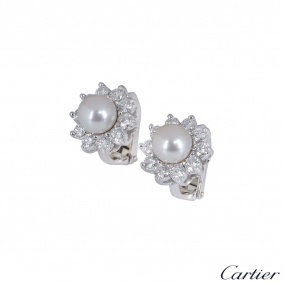 Cartier Platinum Diamond And Pearl Earrings